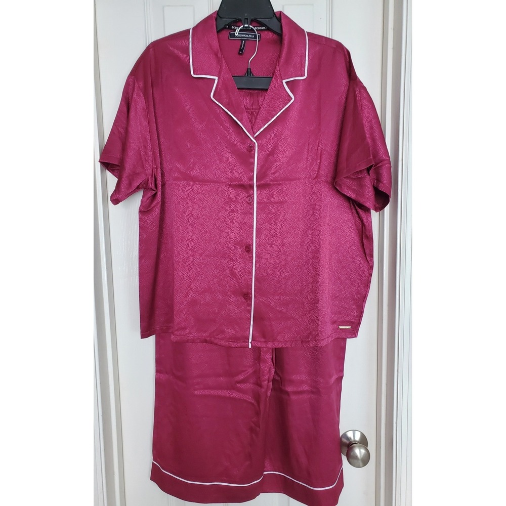 BCBGMAXAZRIA Pajama Set Pink Satin Jacquard Short Sleeve Shirt Pants Medium